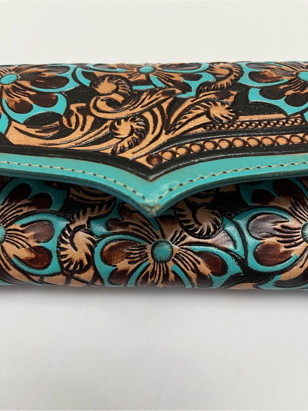 Myra Flower Crest Tooled Leather Wallet Floral Embossed With Turquose Accents - Picture 6 of 10